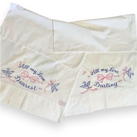 Vintage Hand Embroidered Dearest Darling Wedding Gift Hope Chest Pillowcase Set - Picture 1 of 16